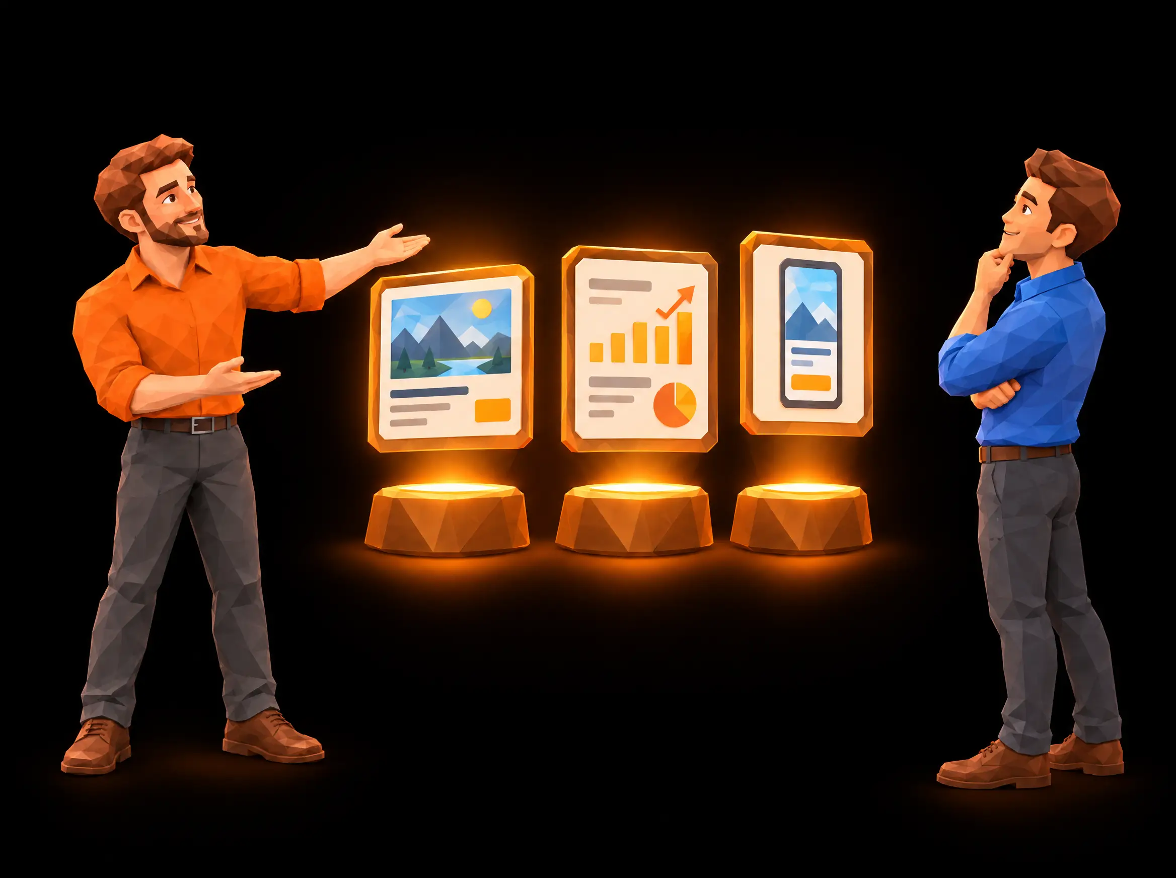 Illustratie: de oranje Tulipsoft-figuur laat de blauwe klant een reeks afgeronde projecten zien