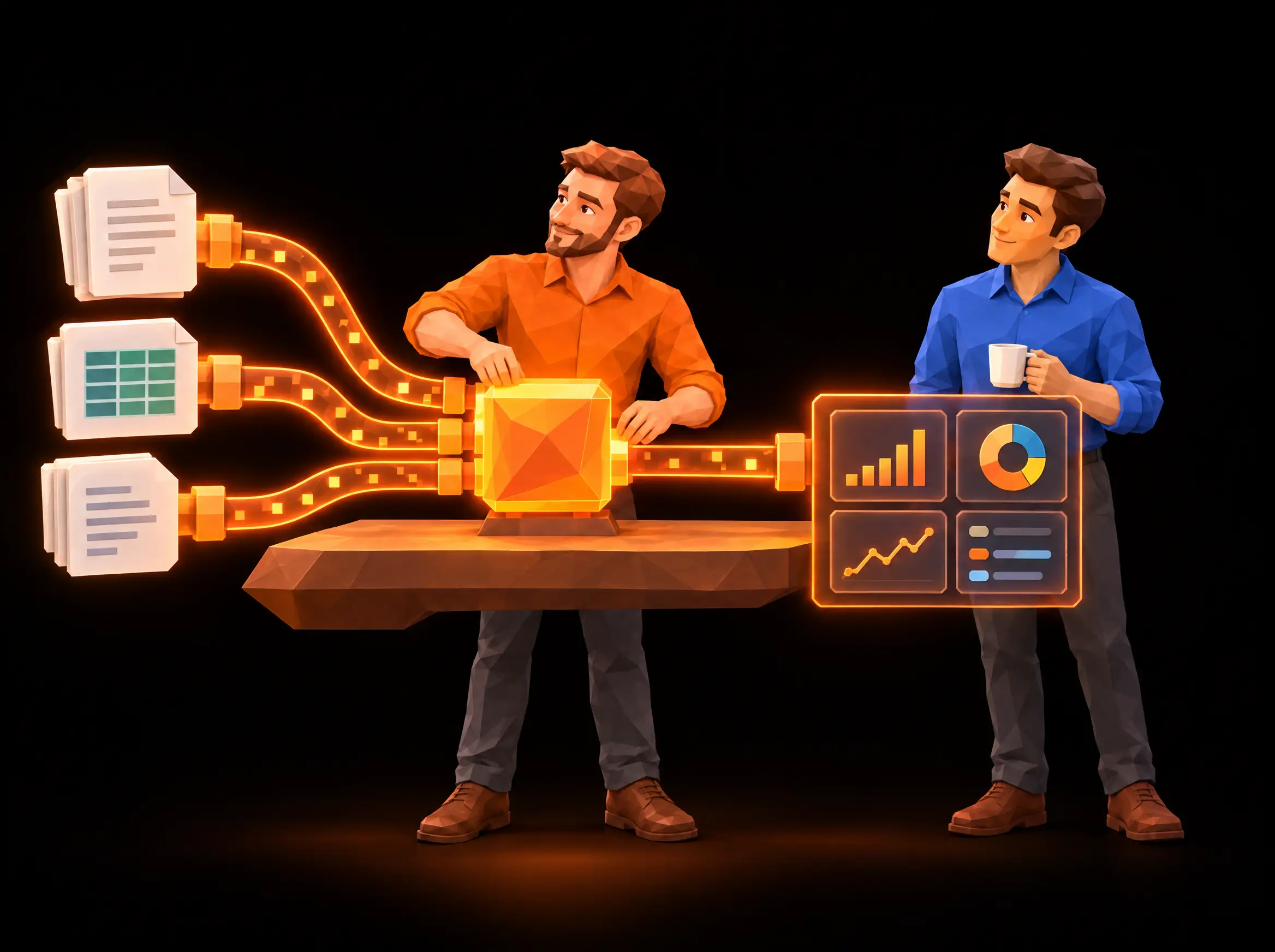Illustratie: de oranje Tulipsoft-figuur bouwt met OpenAPI, de blauwe klant kijkt mee