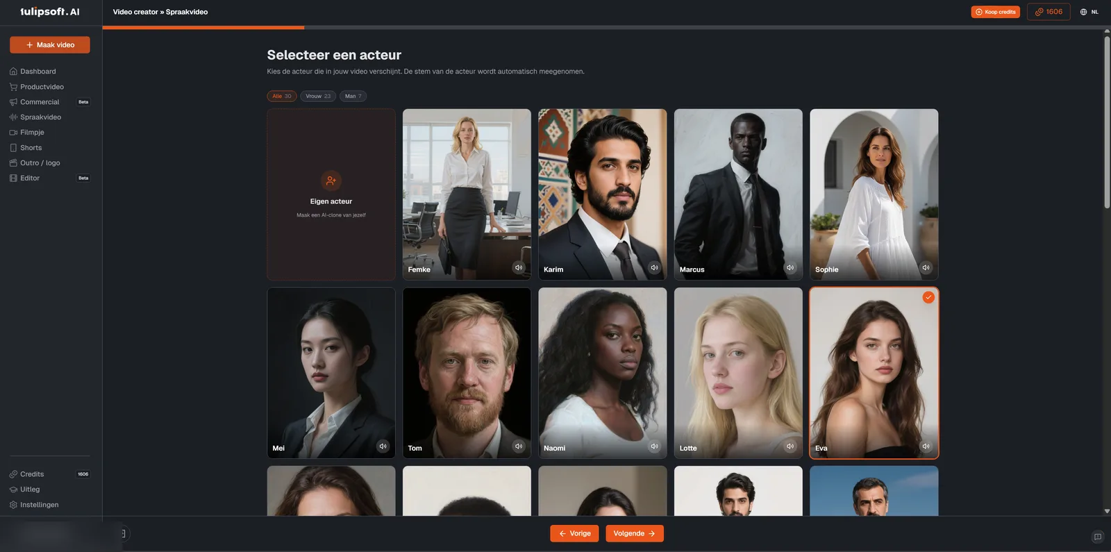 Scherm van ons videoplatform waarin je een acteur kiest voor een commercial