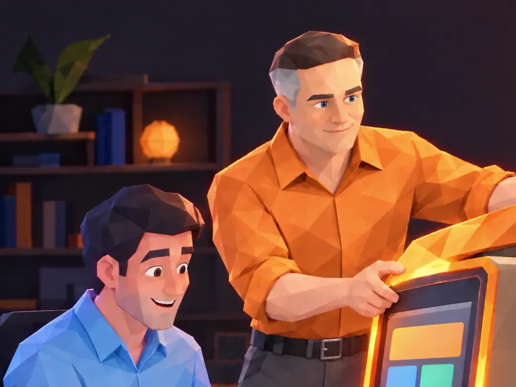 Animatie: een collega van Tulipsoft zet een nieuwe schil om een oude computer terwijl de klant gewoon doorwerkt