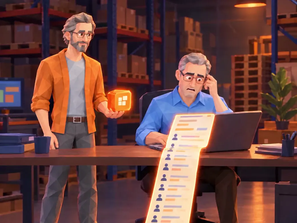 Animatie in zeven korte scènes: licentiekosten bij een groothandel, een Excel-planning bij een installatiebedrijf, te veel schermen bij een transportbedrijf, verouderde software bij een productiebedrijf, een idee dat een prototype wordt, een developmentteam dat met AI bouwt en een zelfgebouwde app die gecontroleerd wordt