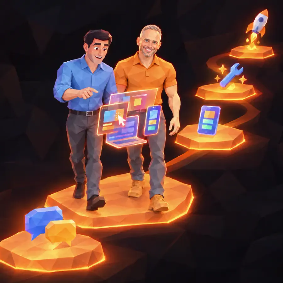 Animatie: een collega van Tulipsoft en een klant lopen samen over een pad met vijf stappen, van eerste gesprek via het prototype naar live