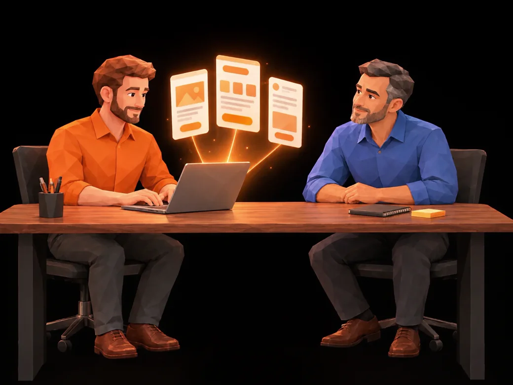 Illustratie: een collega van Tulipsoft bouwt op een laptop een klikbaar prototype, de ondernemer kijkt tevreden mee